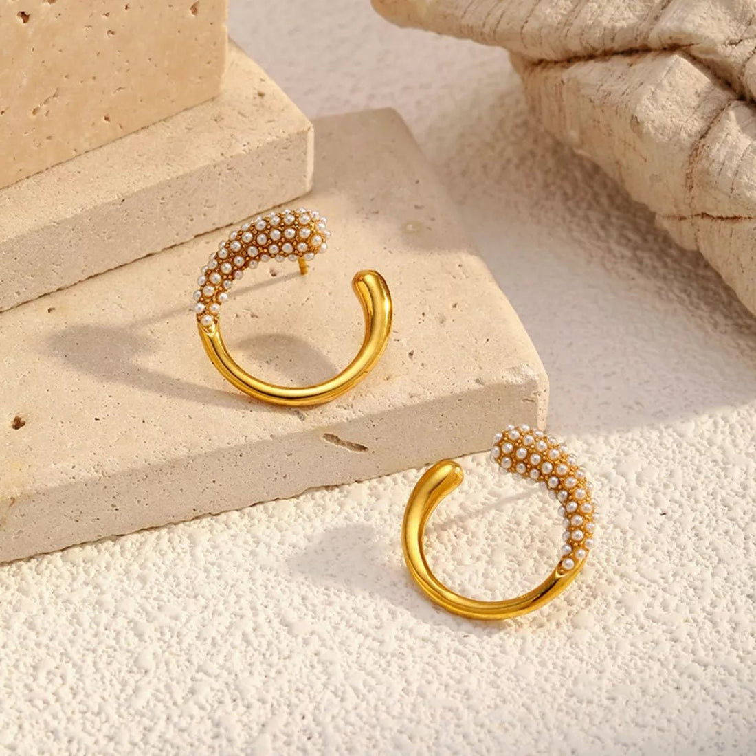 Gold Pearl Hoop Earrings - 