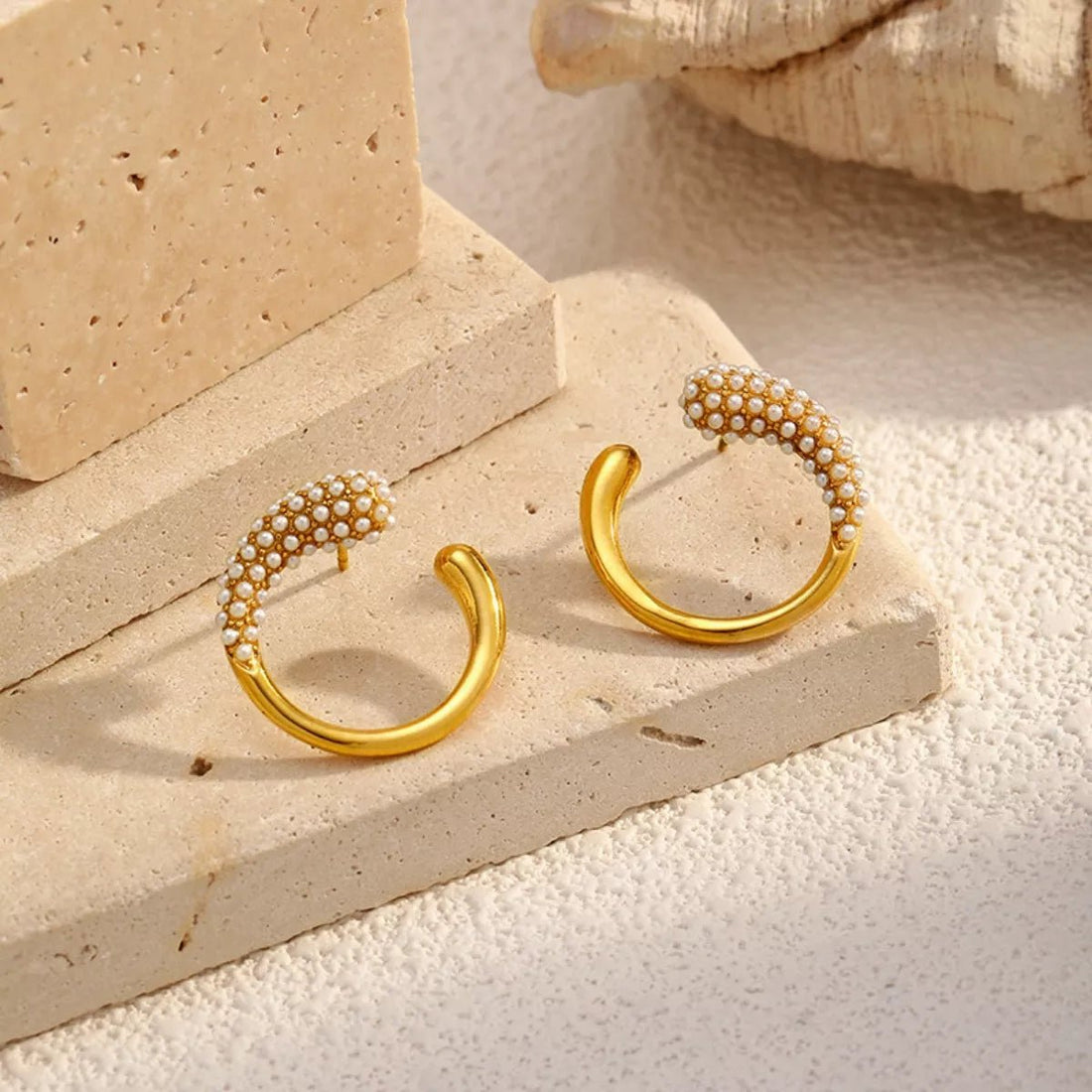 Gold Pearl Hoop Earrings - 
