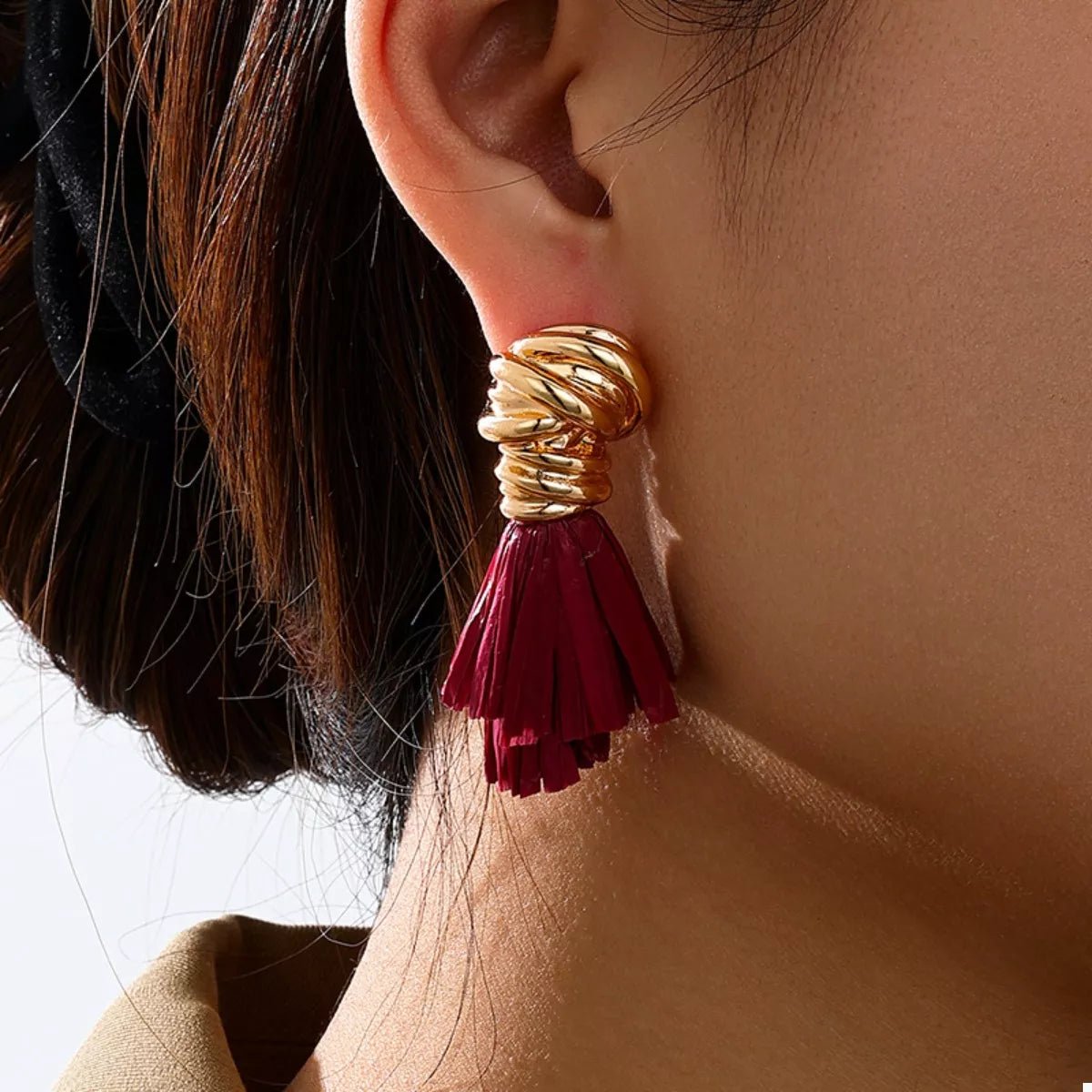 Gold Wire Wrapped Tassel Drop Earrings - 