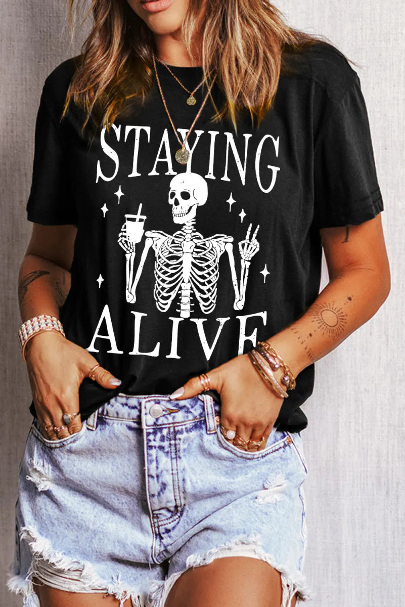 Graphic Round Neck Short Sleeve T-Shirt - Top