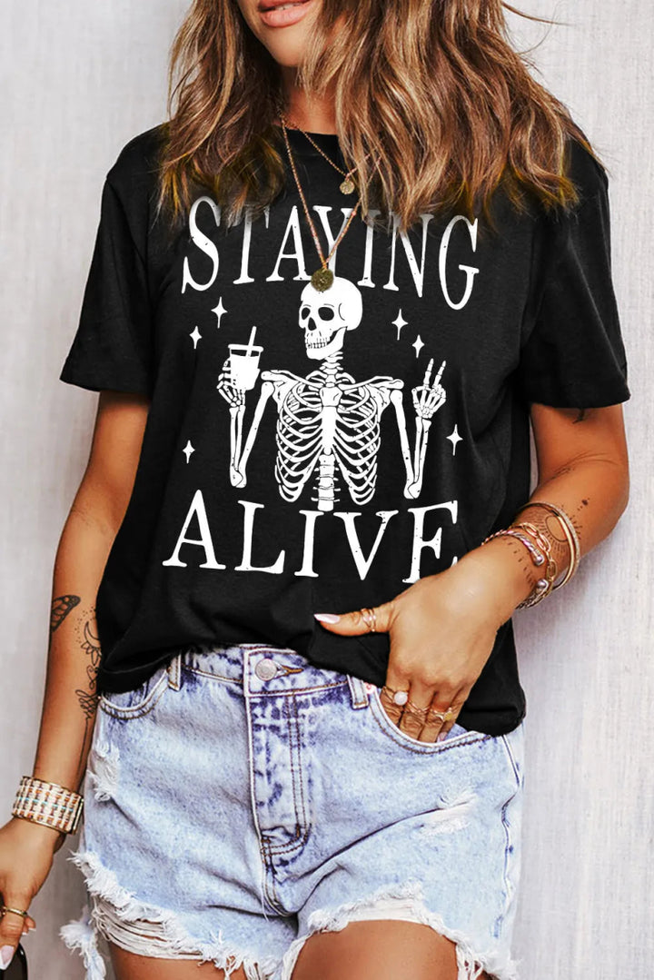 Graphic Round Neck Short Sleeve T-Shirt - Top