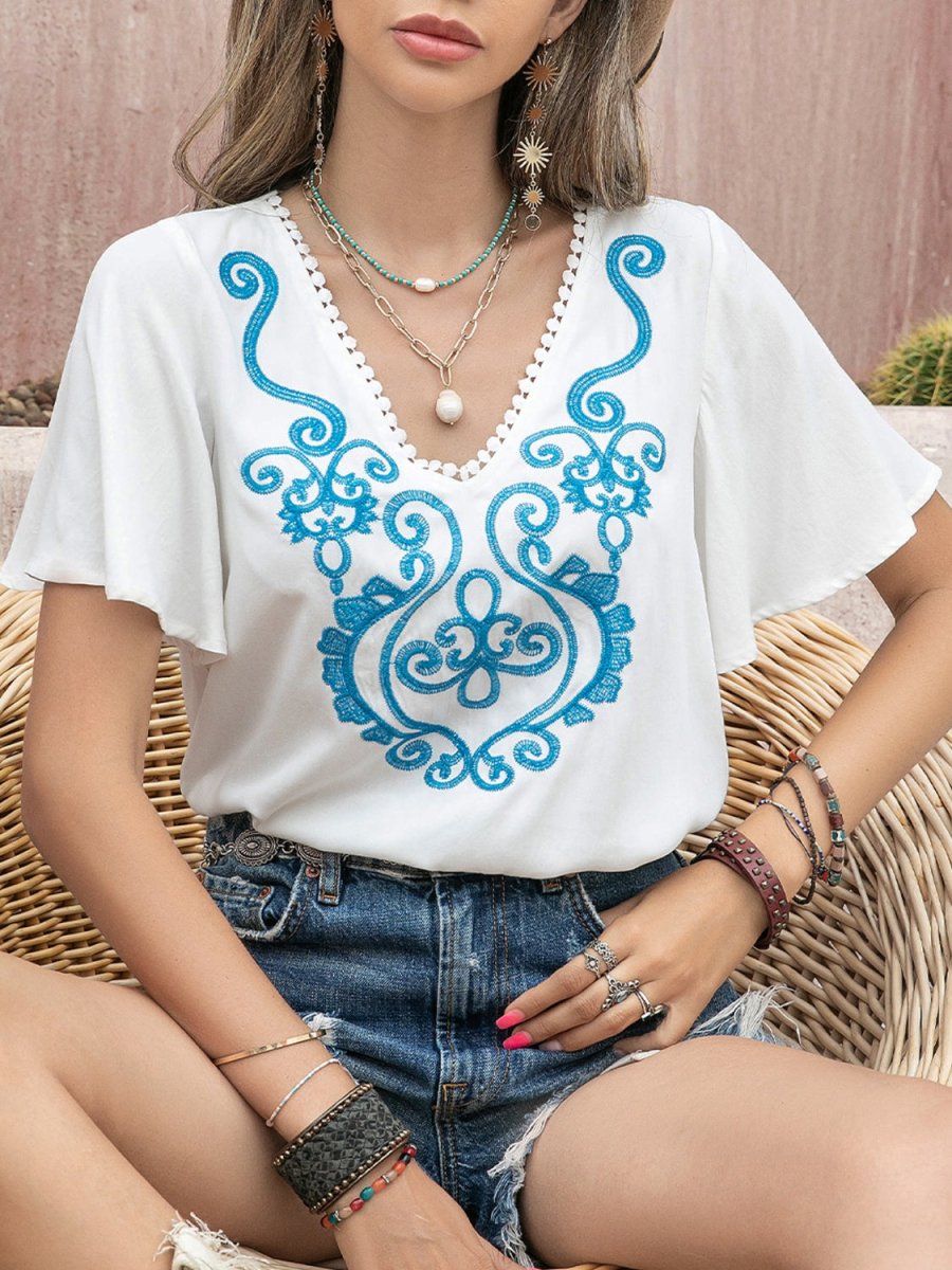Graphic V - Neck Flutter Sleeve T-Shirt - Top