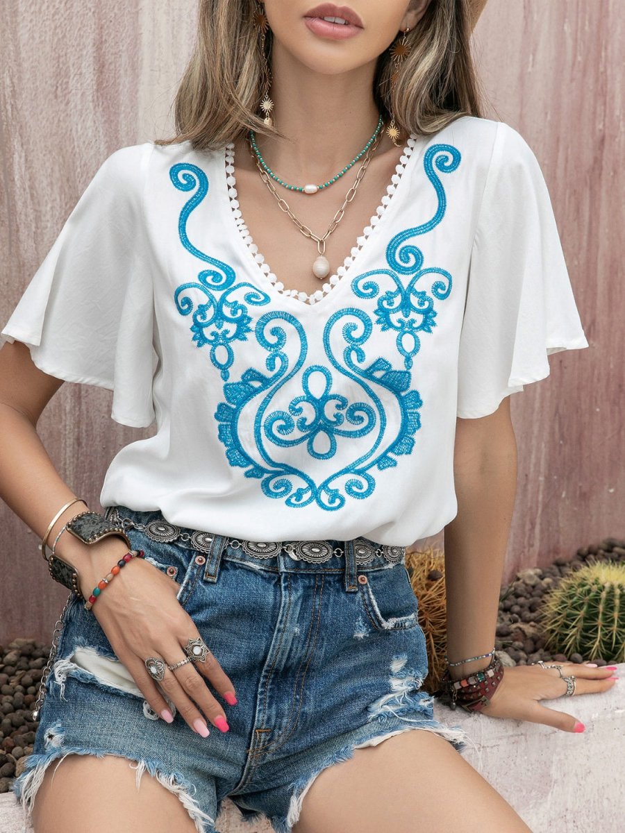 Graphic V - Neck Flutter Sleeve T-Shirt - Top