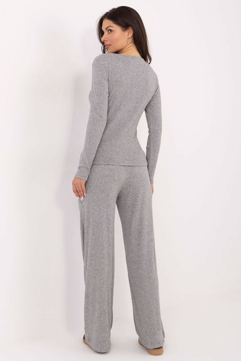 Grey Ribbed V - Neck Sweater - 