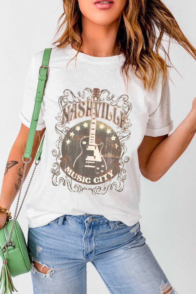 Guitar Graphic Round Neck Short Sleeve T-Shirt - Top