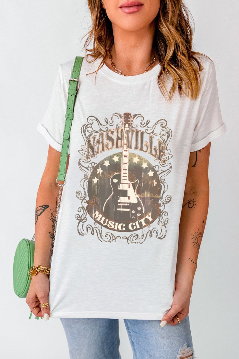 Guitar Graphic Round Neck Short Sleeve T-Shirt - Top