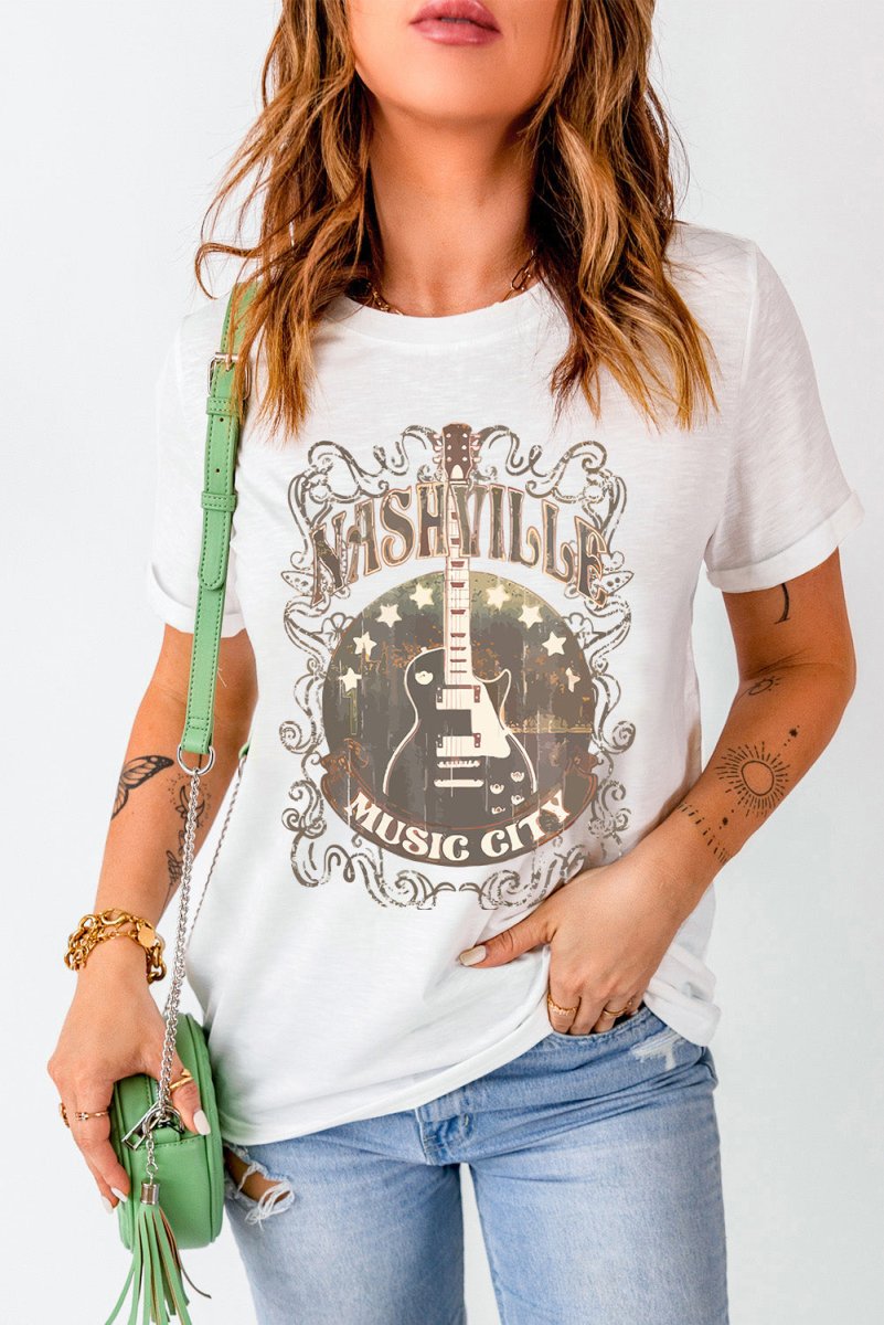 Guitar Graphic Round Neck Short Sleeve T-Shirt - Top