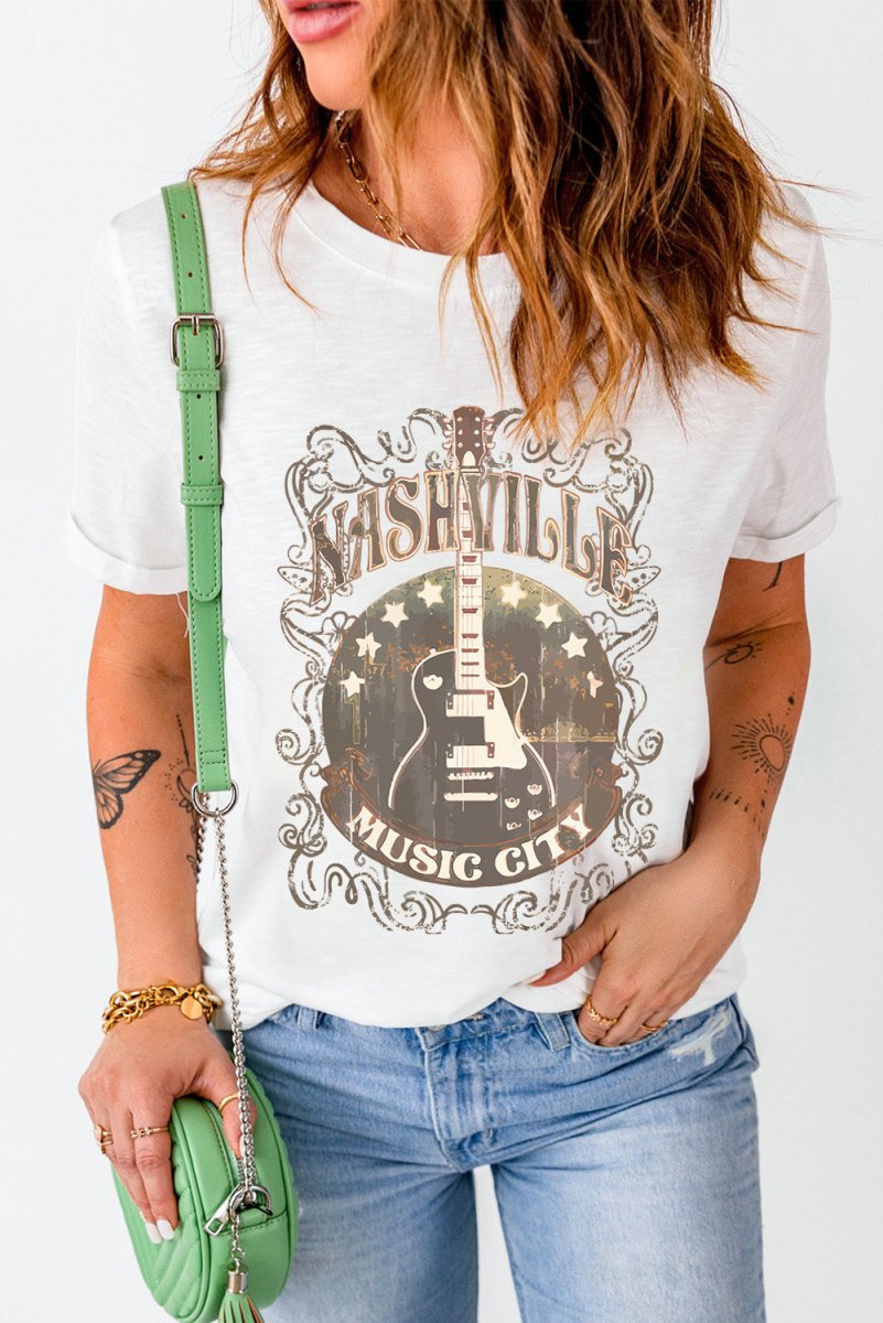 Guitar Graphic Round Neck Short Sleeve T-Shirt - Top