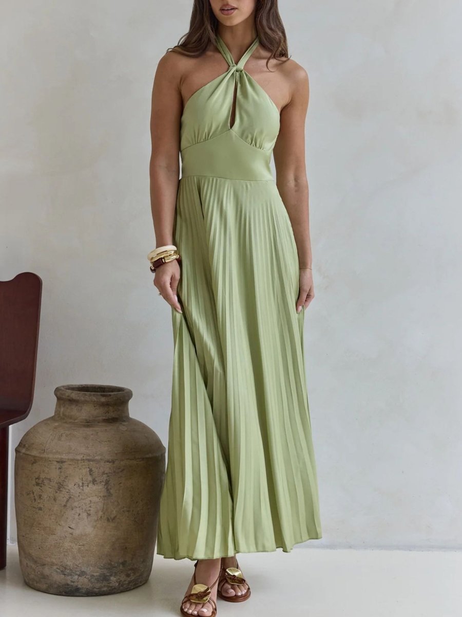 Halter Neck Pleated A - Line Dress - 