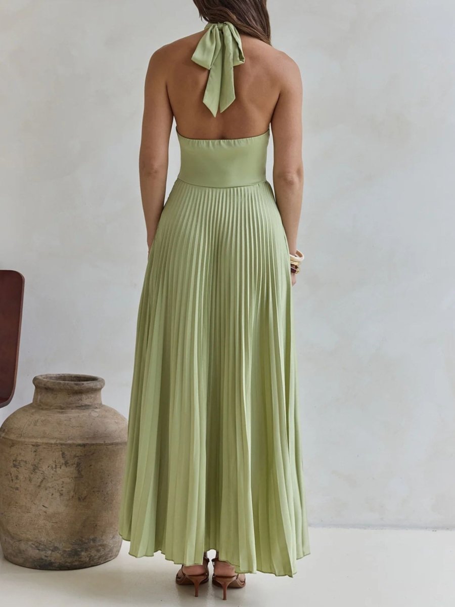 Halter Neck Pleated A - Line Dress - 