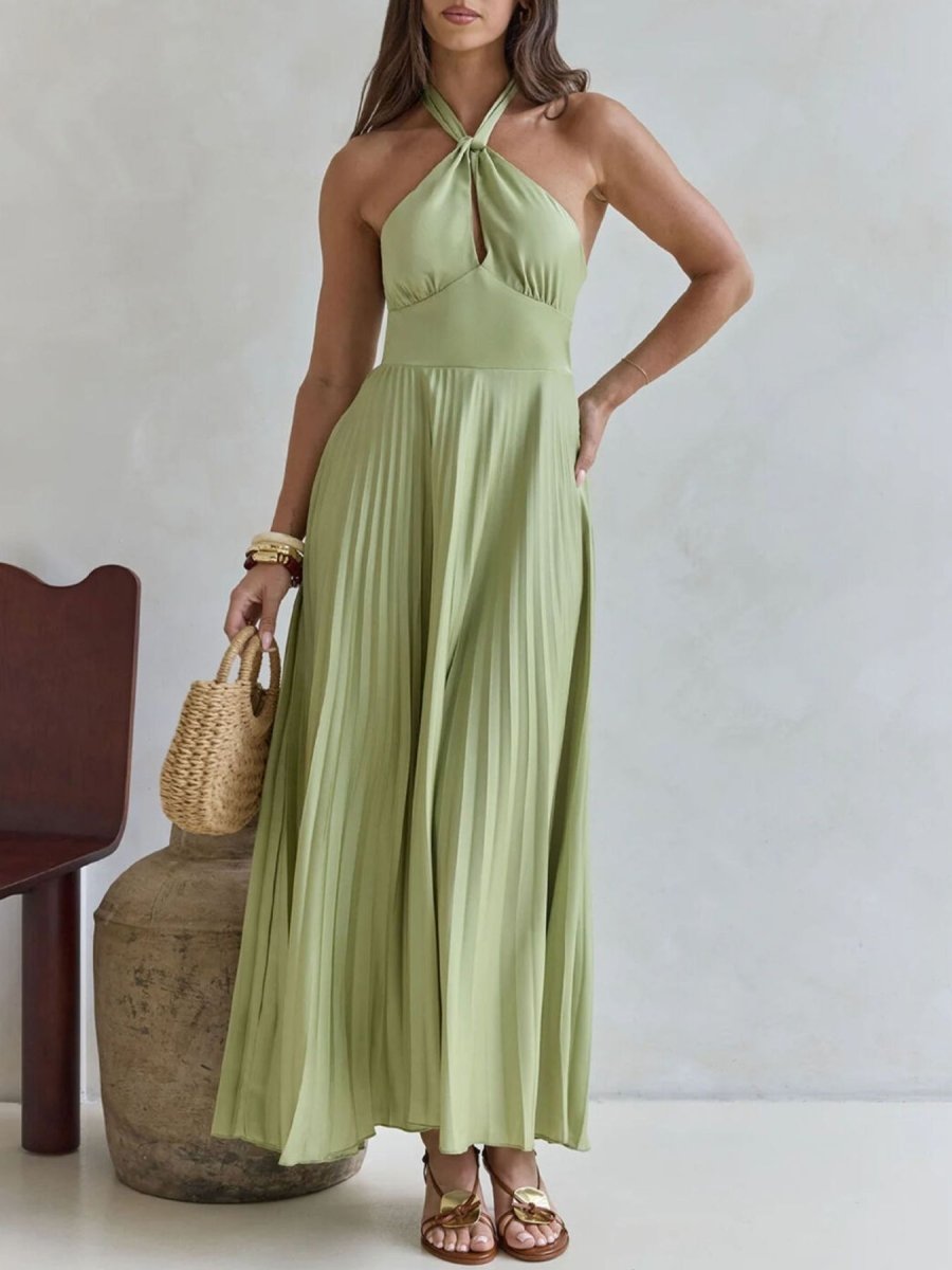 Halter Neck Pleated A - Line Dress - 