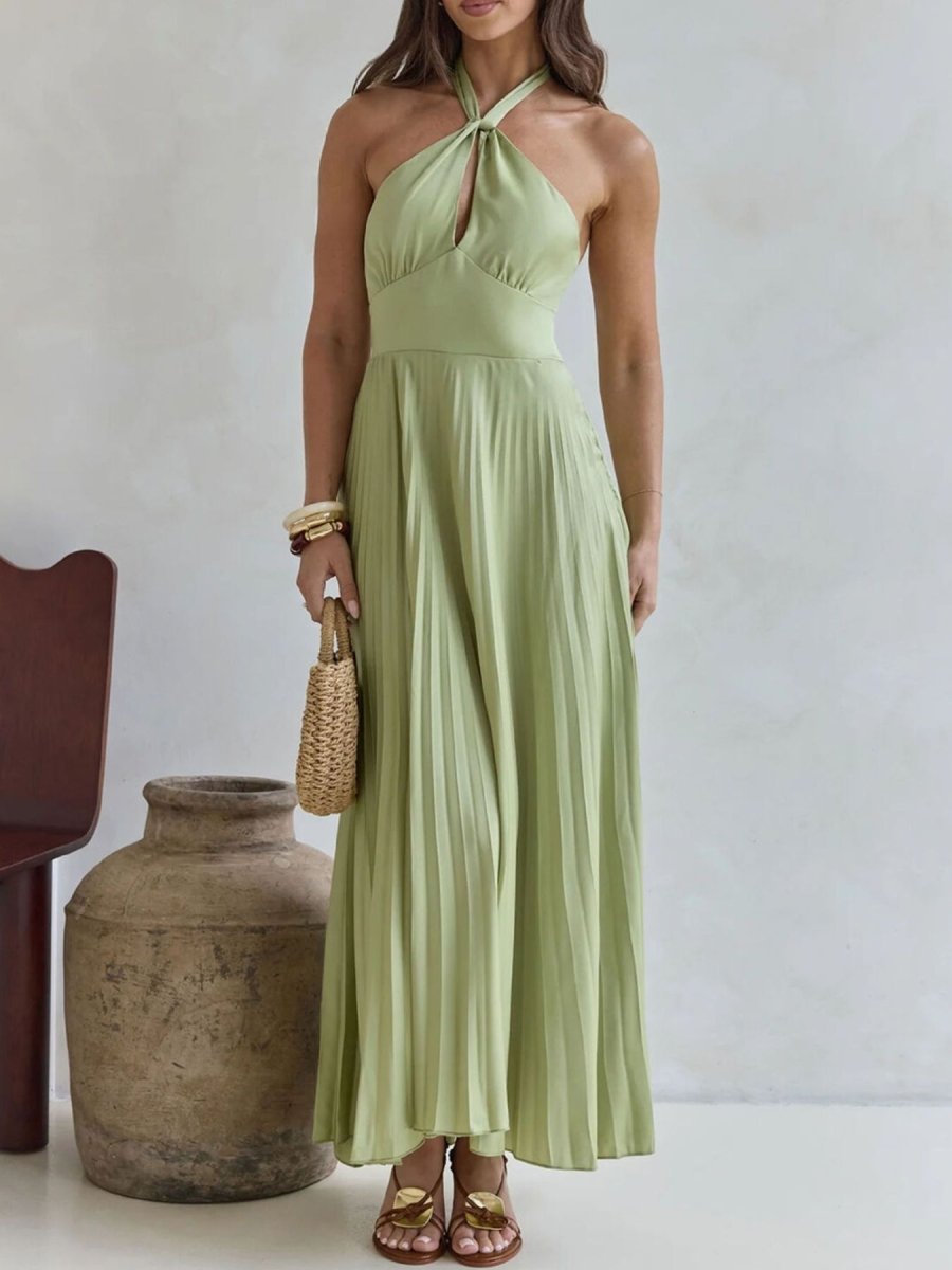 Halter Neck Pleated A - Line Dress - 