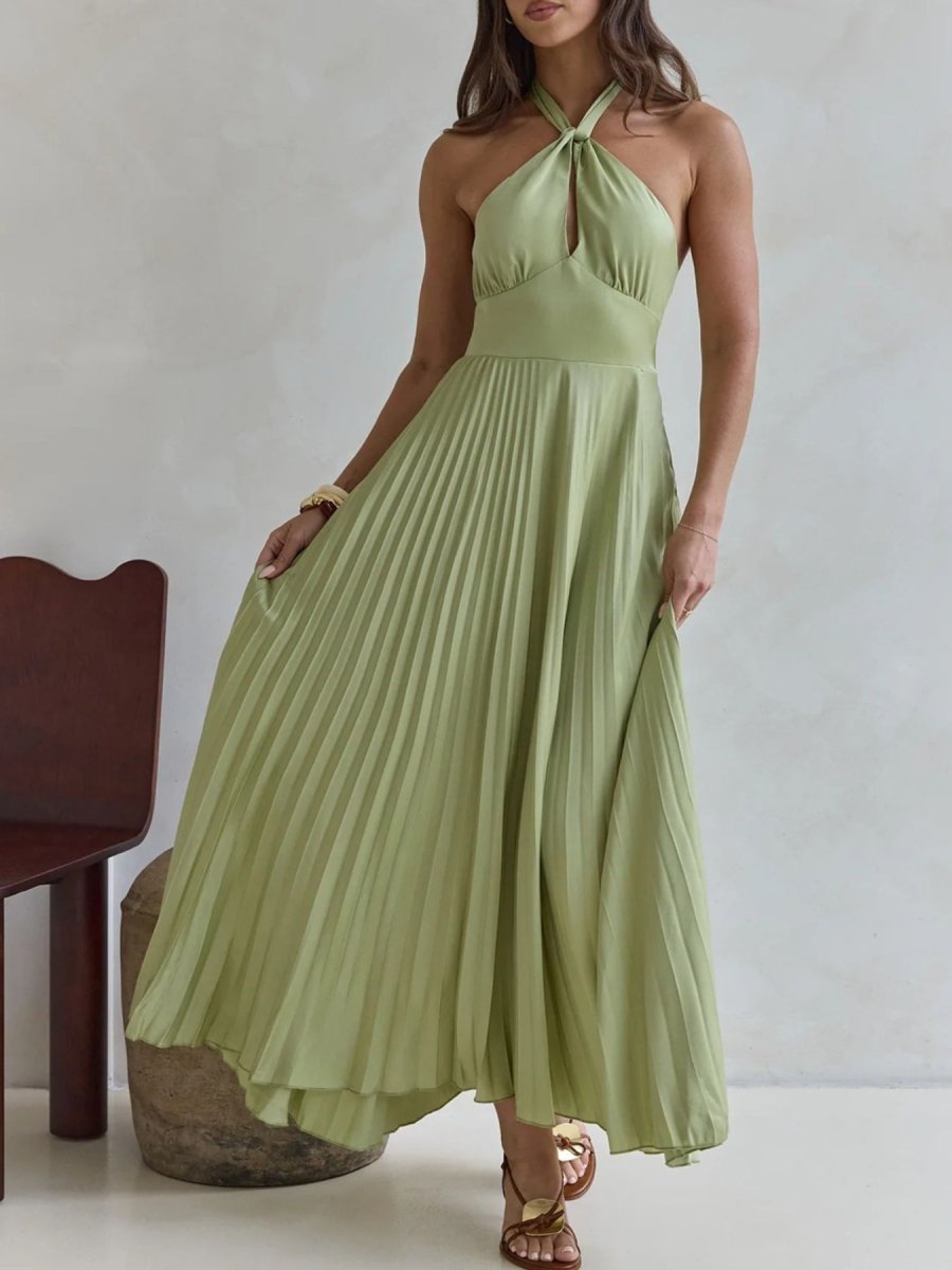 Halter Neck Pleated A - Line Dress - 