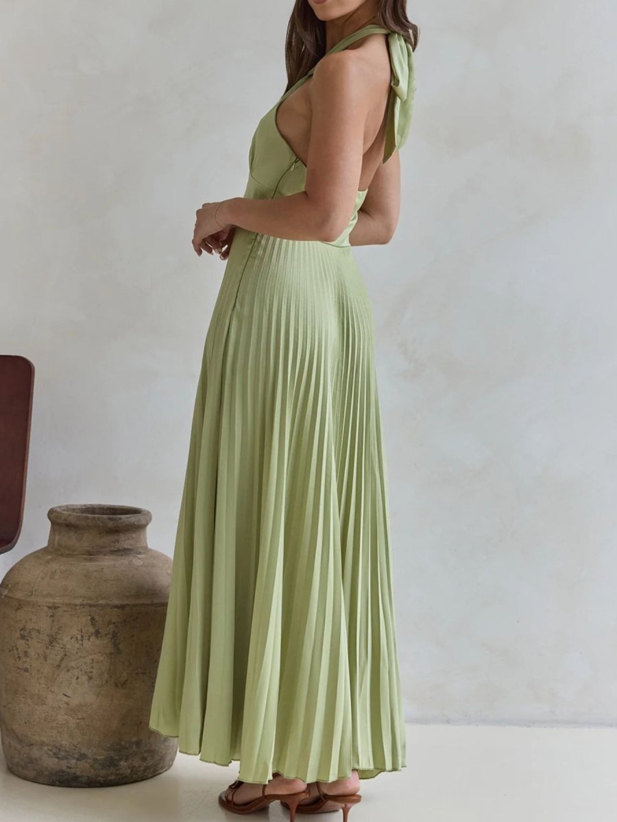 Halter Neck Pleated A - Line Dress - 
