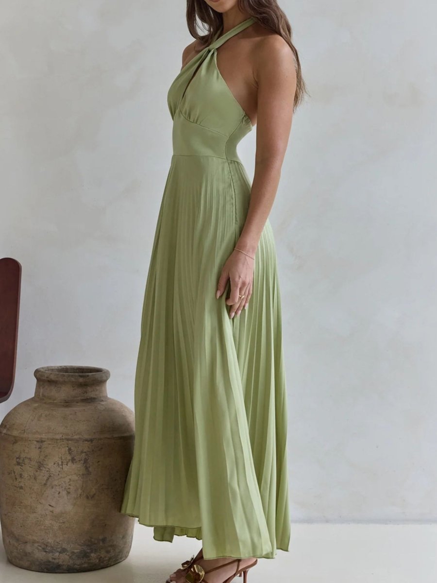 Halter Neck Pleated A - Line Dress - 