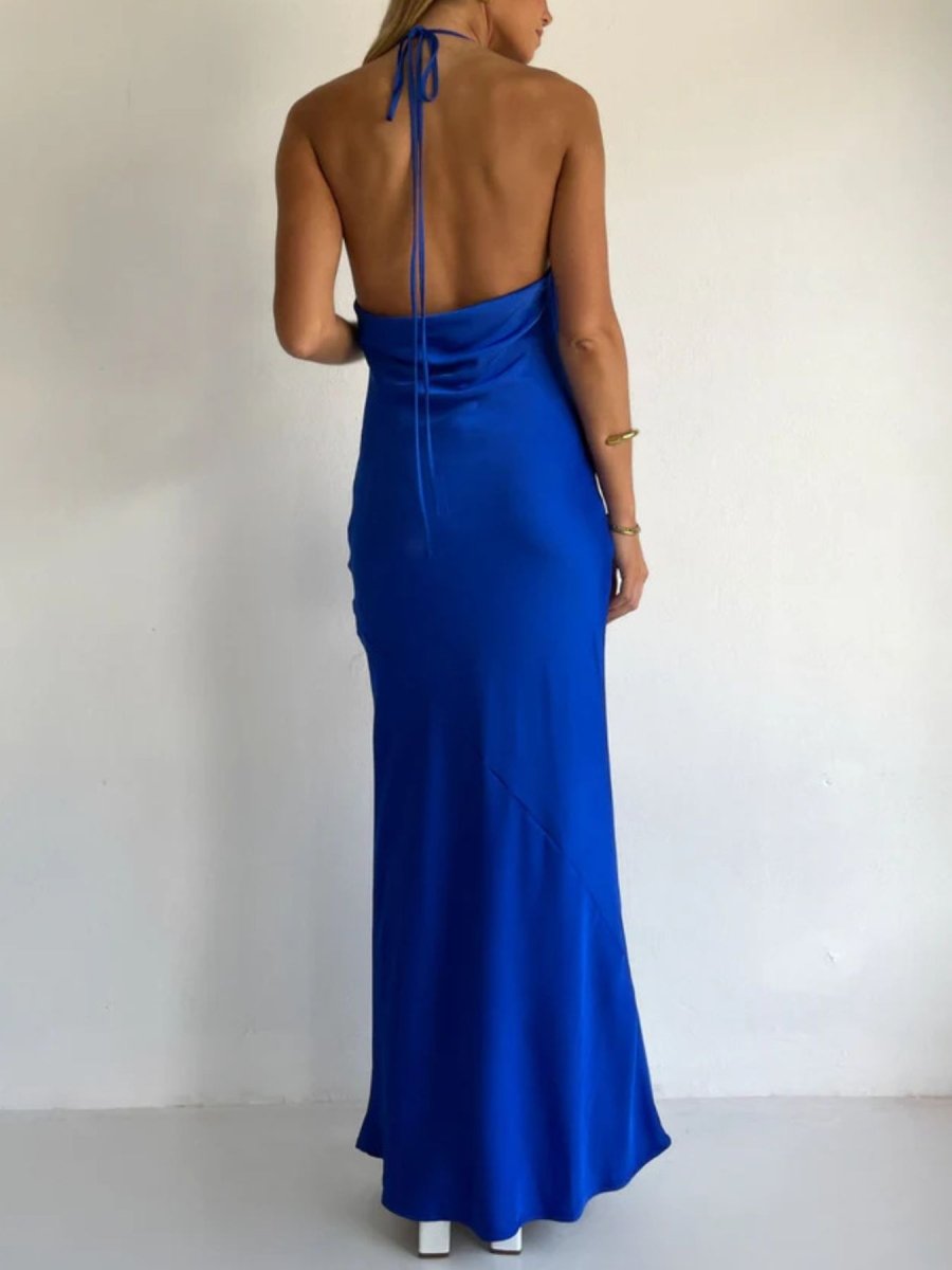 Halter Neck Satin Maxi Dress - 