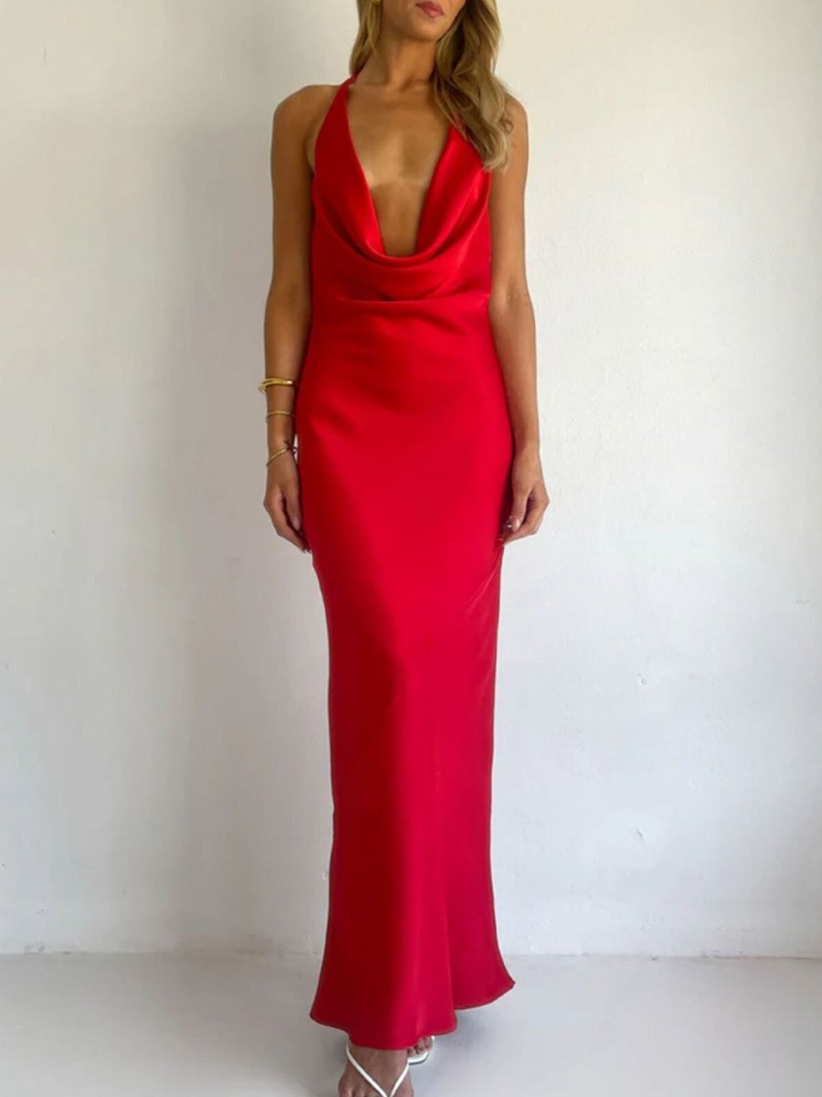 Halter Neck Satin Maxi Dress - 