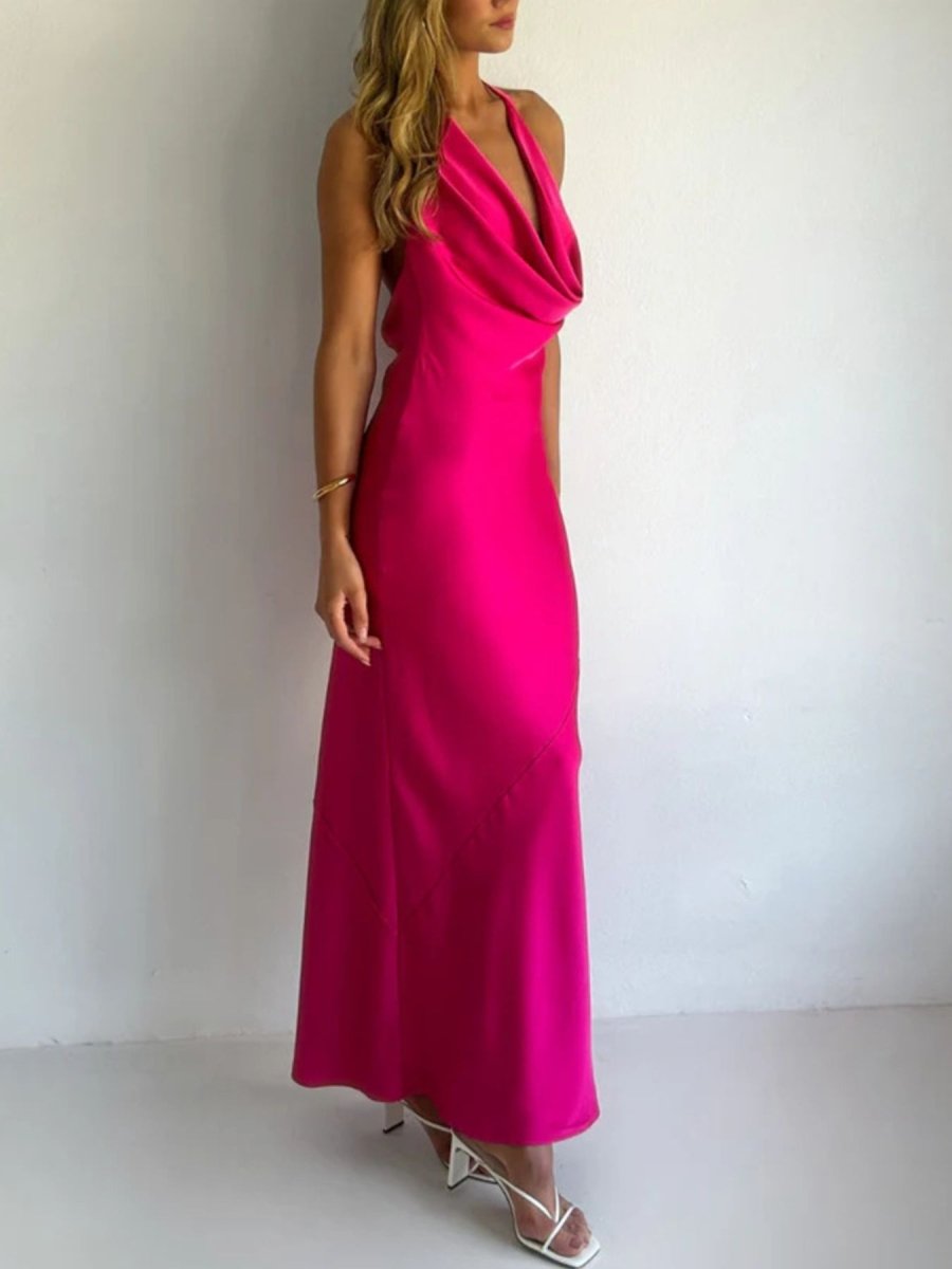 Halter Neck Satin Maxi Dress - 