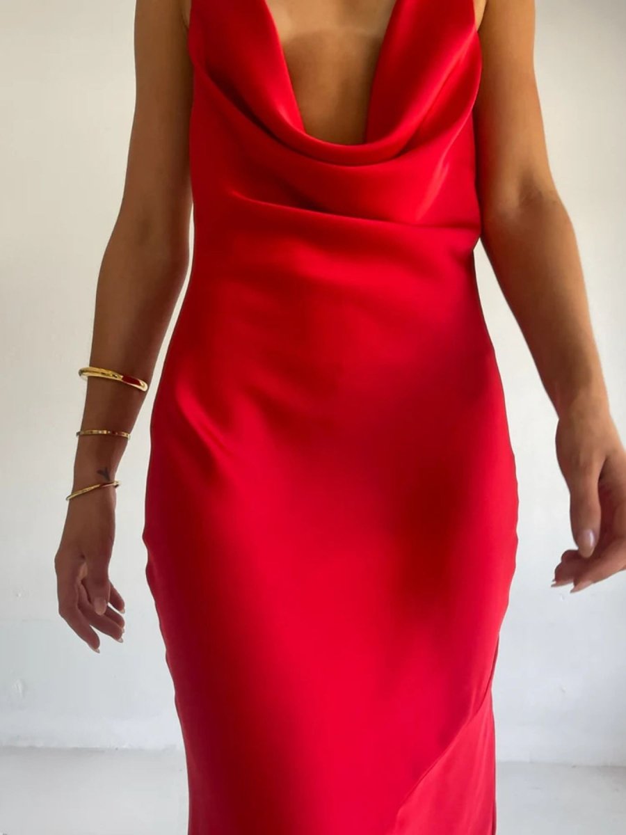 Halter Neck Satin Maxi Dress - 