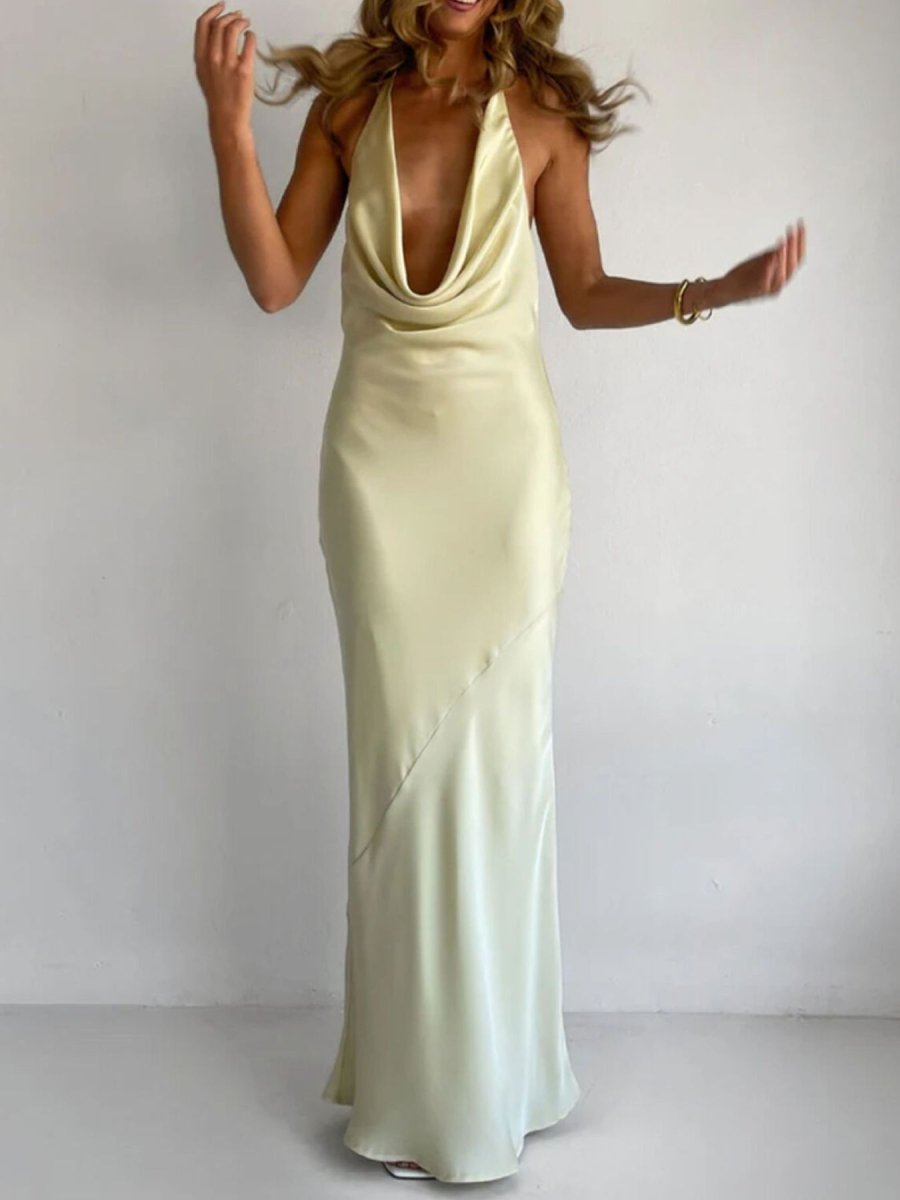 Halter Neck Satin Maxi Dress - 