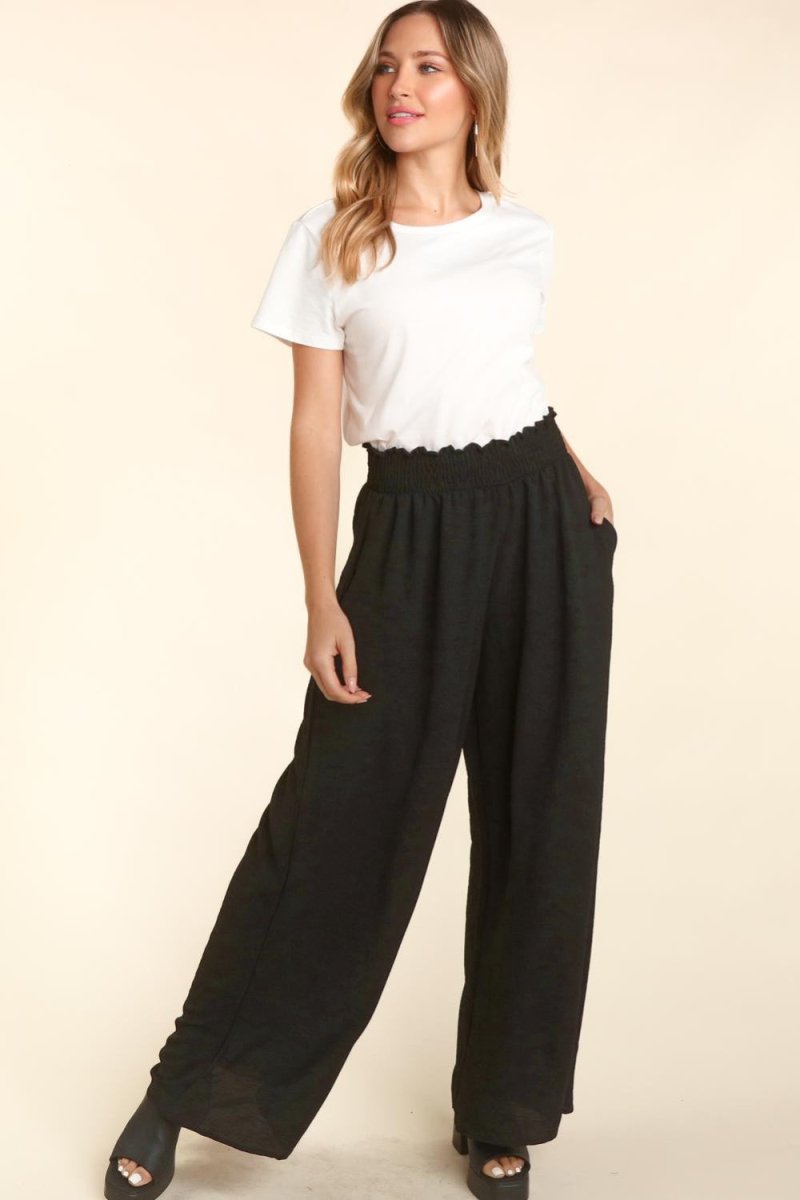 Haptics Elastic Waist Wide Leg Pants with Pockets - Bottoms