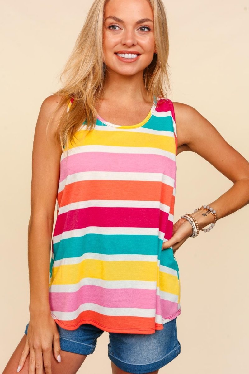 Haptics Round Neck Striped Knit Tank - Top