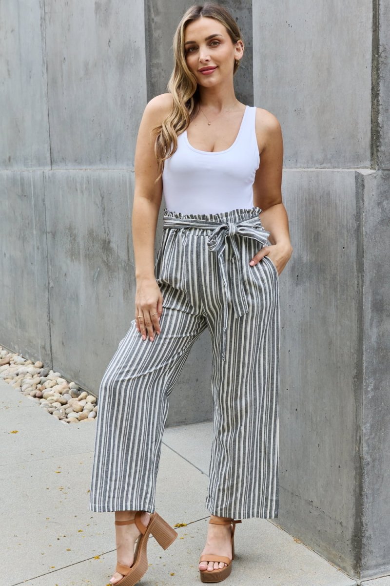 Heimish Find Your Path Full Size Paperbag Waist Striped Culotte Pants - Bottoms