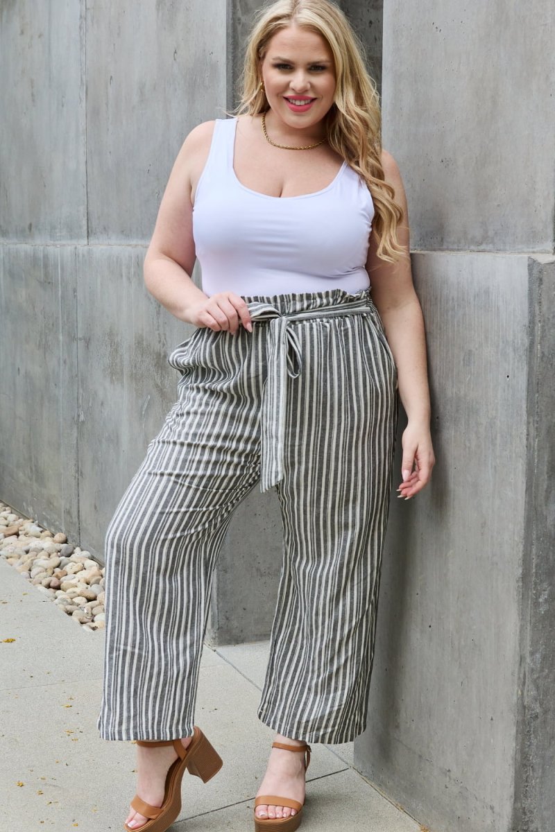 Heimish Find Your Path Full Size Paperbag Waist Striped Culotte Pants - Bottoms