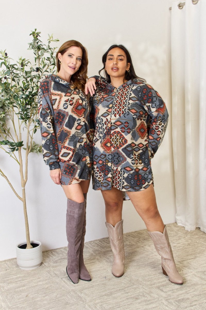 Heimish Full Size Printed Button Up Hooded Jacket - Outerwear