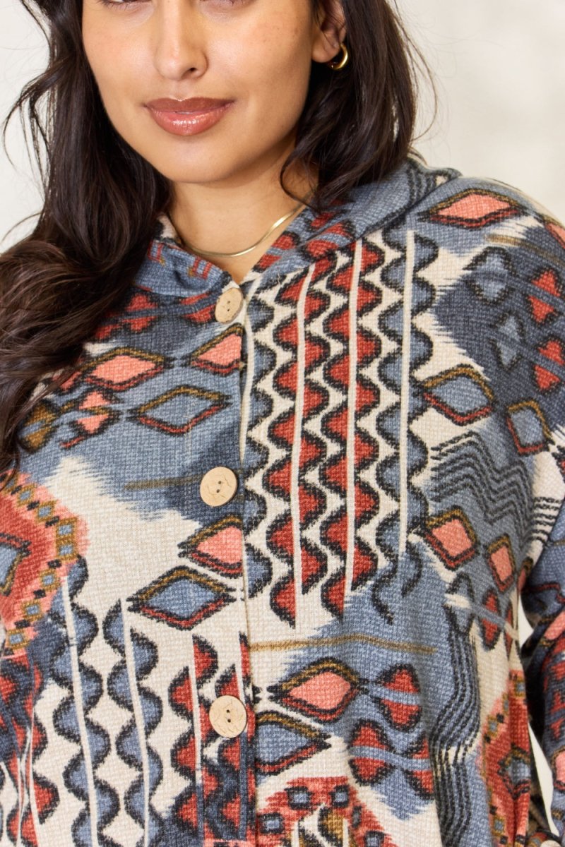 Heimish Full Size Printed Button Up Hooded Jacket - Outerwear