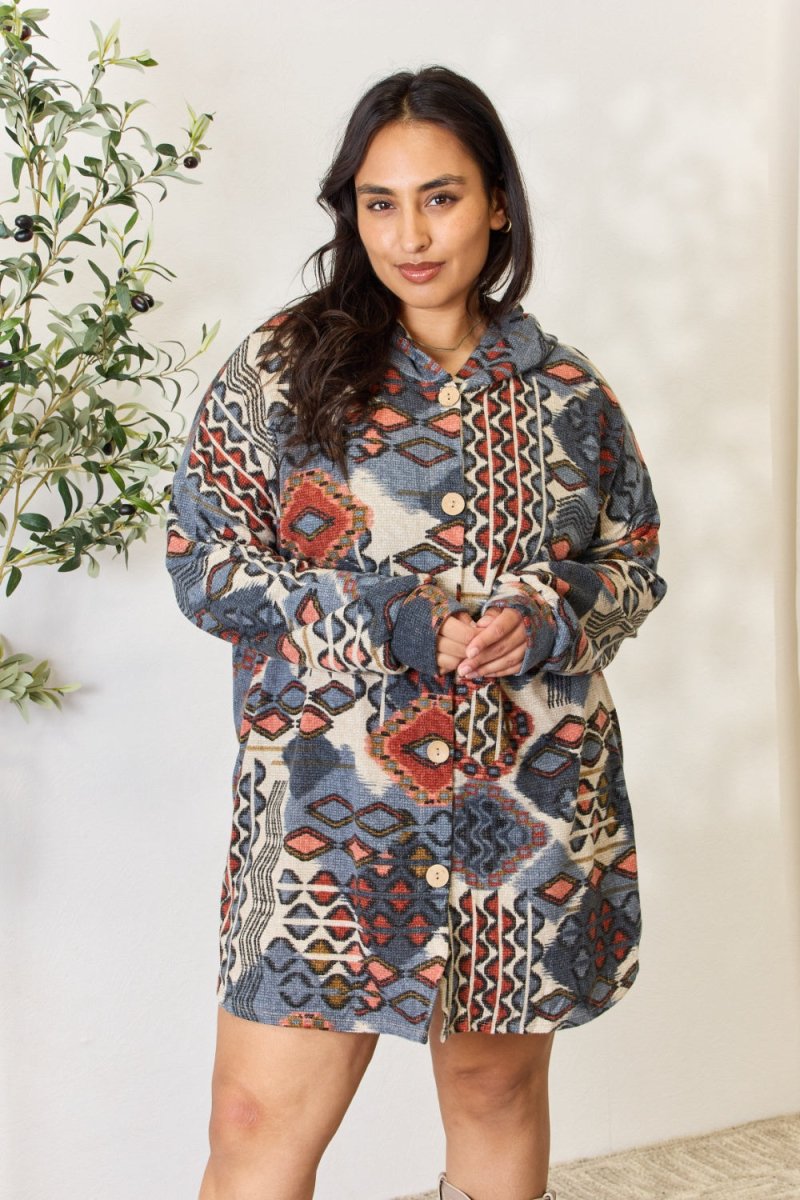 Heimish Full Size Printed Button Up Hooded Jacket - Outerwear