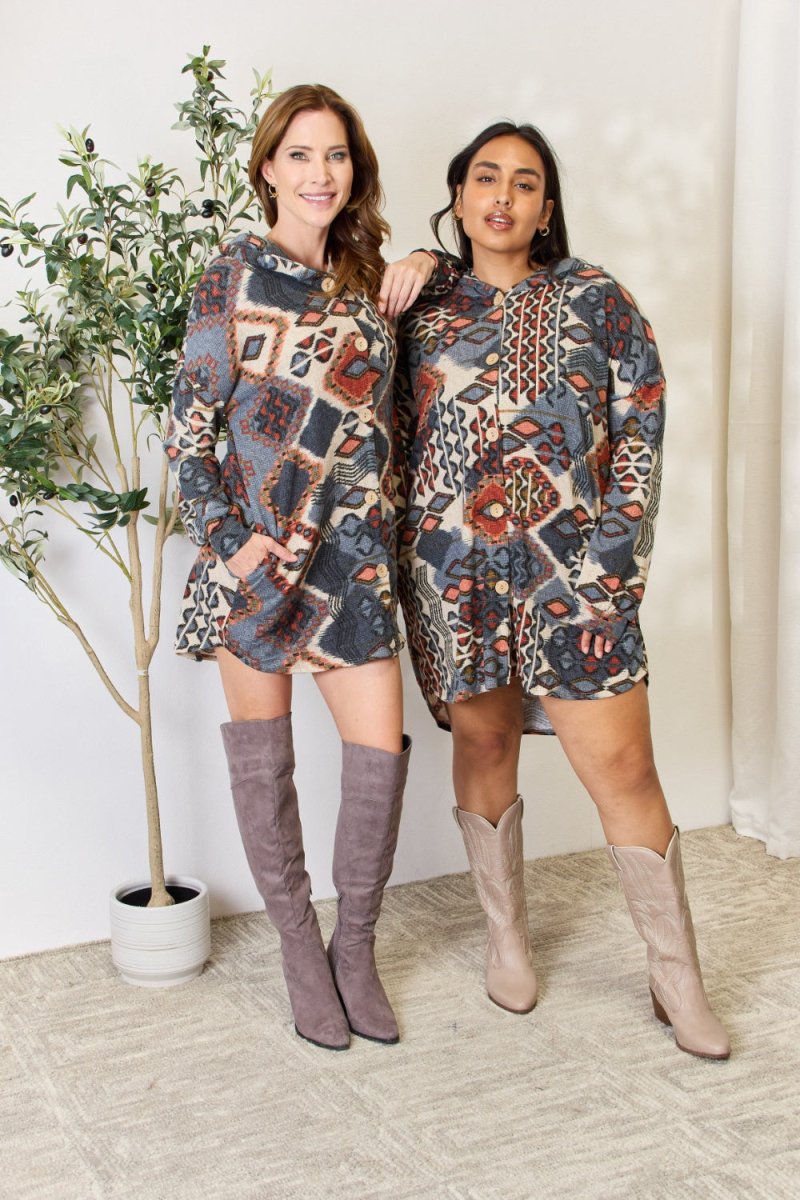 Heimish Full Size Printed Button Up Hooded Jacket - Outerwear