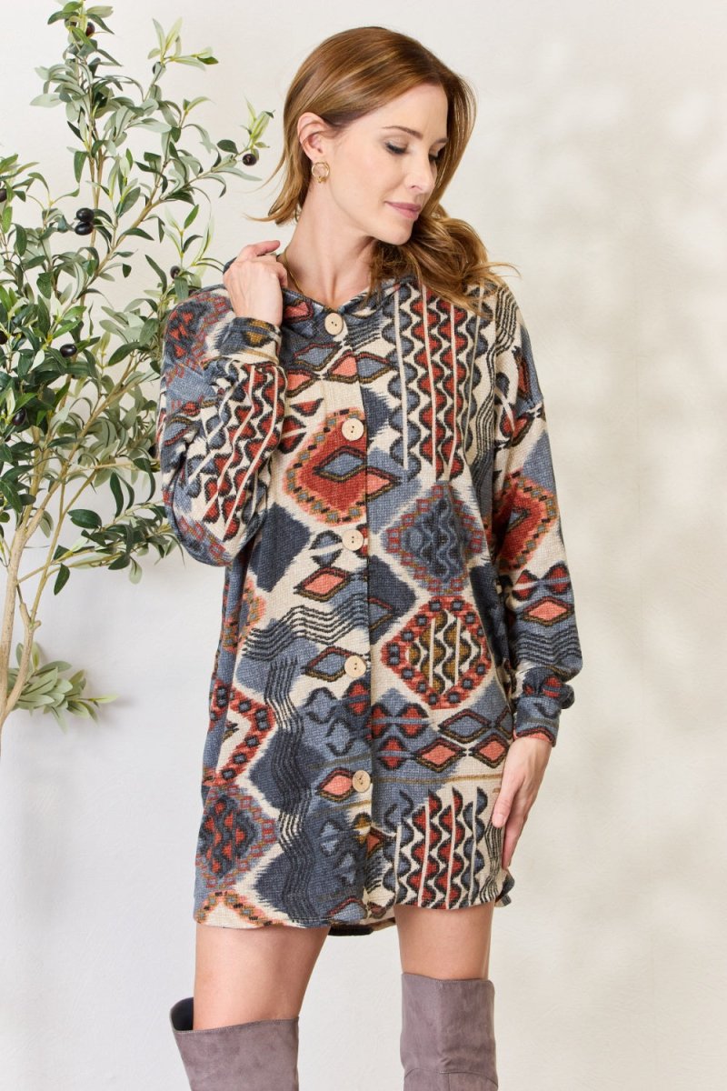 Heimish Full Size Printed Button Up Hooded Jacket - Outerwear