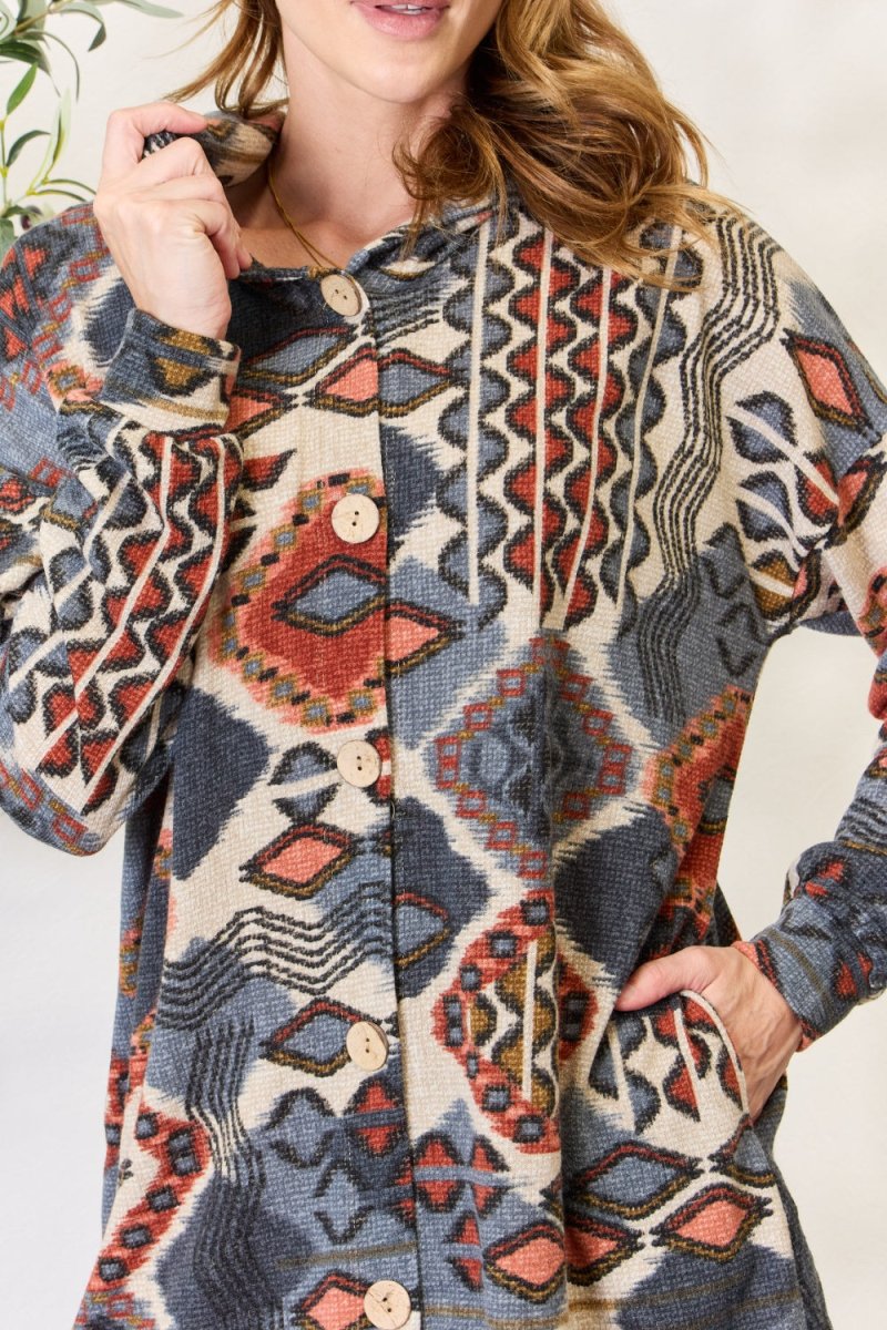 Heimish Full Size Printed Button Up Hooded Jacket - Outerwear