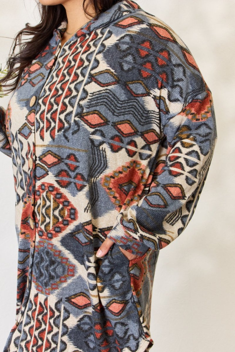 Heimish Full Size Printed Button Up Hooded Jacket - Outerwear