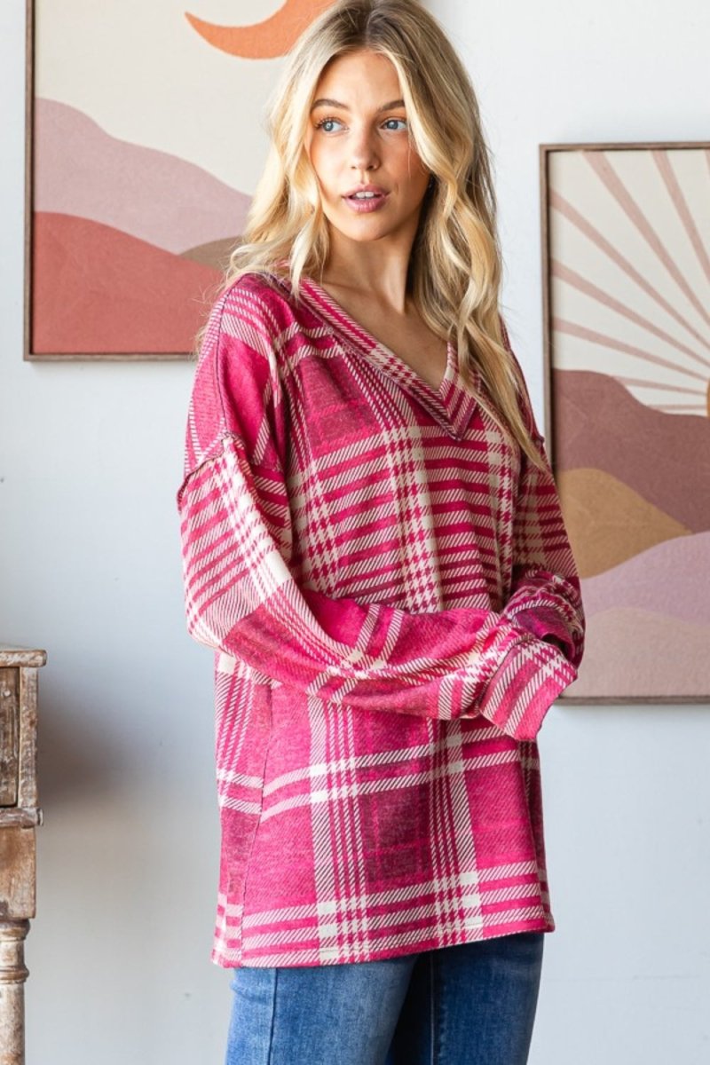 Heimish Plaid Drop Shoulder V - Neck T-Shirt - Top