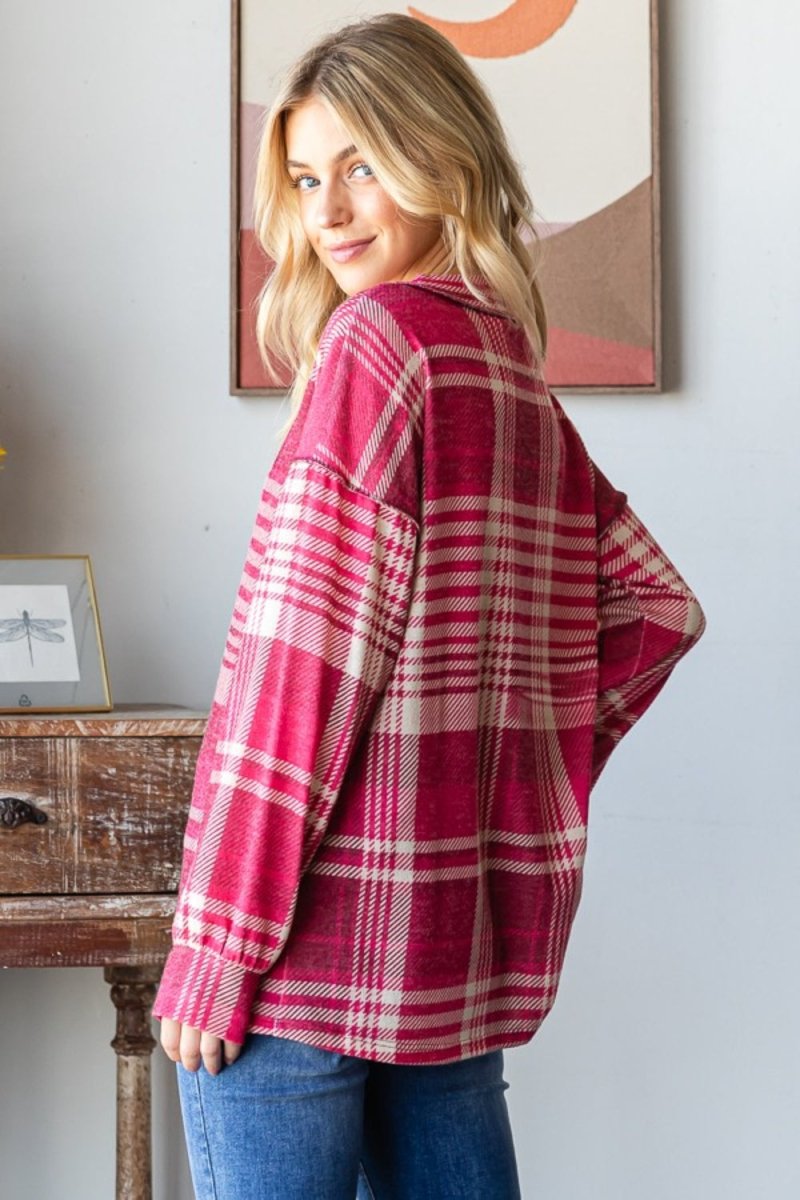 Heimish Plaid Drop Shoulder V - Neck T-Shirt - Top