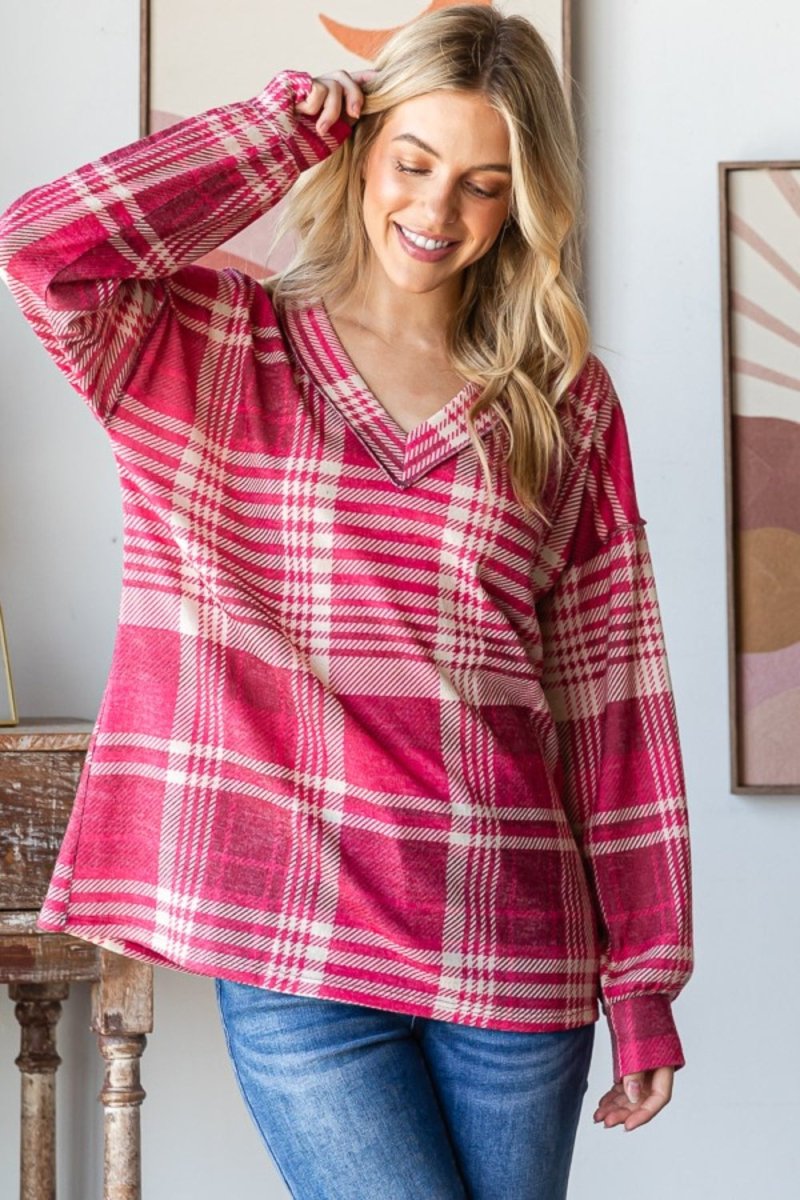 Heimish Plaid Drop Shoulder V - Neck T-Shirt - Top