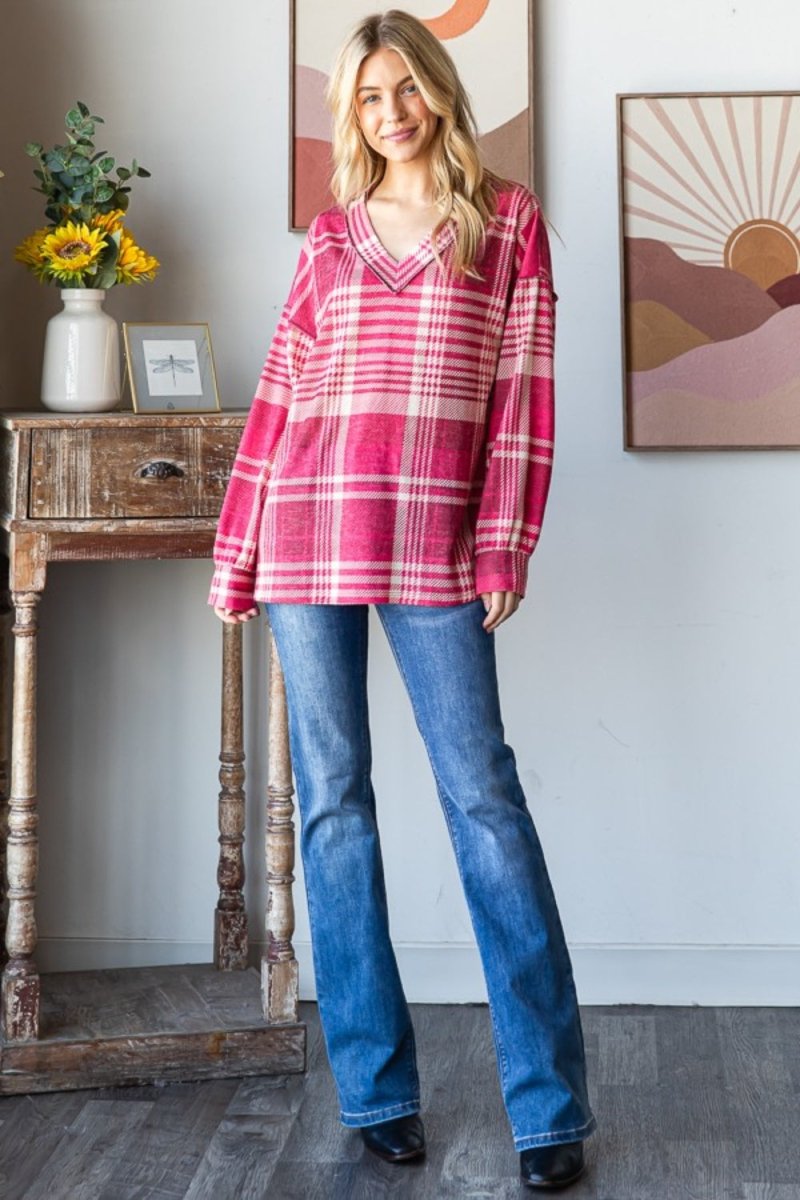 Heimish Plaid Drop Shoulder V - Neck T-Shirt - Top