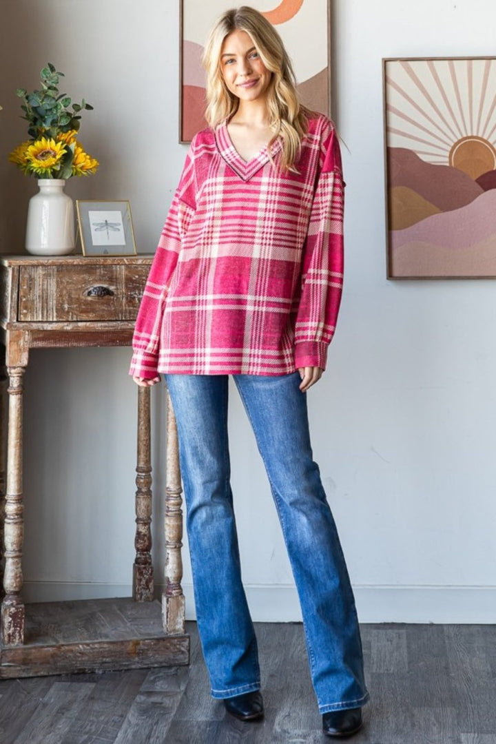 Heimish Plaid Drop Shoulder V - Neck T-Shirt - Top