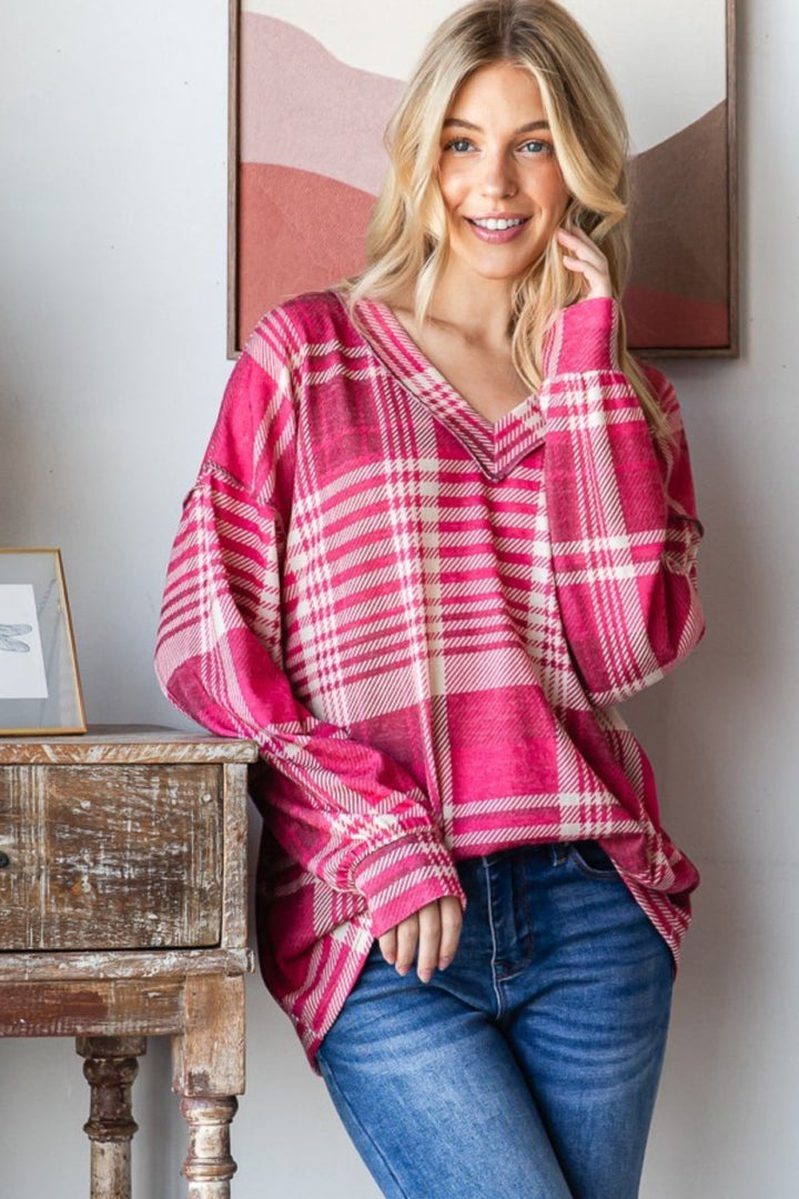 Heimish Plaid Drop Shoulder V - Neck T-Shirt - Top