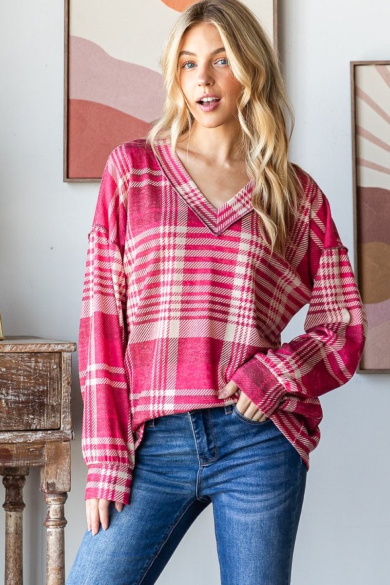 Heimish Plaid Drop Shoulder V - Neck T-Shirt - Top