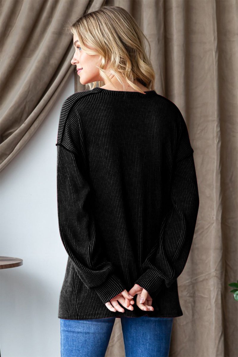 Heimish Ribbed Exposed Seam Long Sleeve T-Shirt - Top