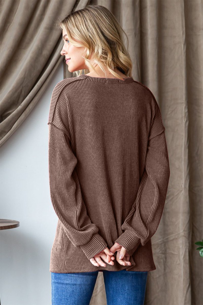 Heimish Ribbed Exposed Seam Long Sleeve T-Shirt - Top