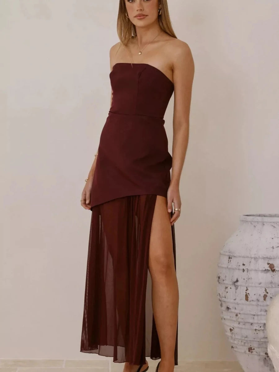 High Slit Mesh Tube Maxi Dress - 
