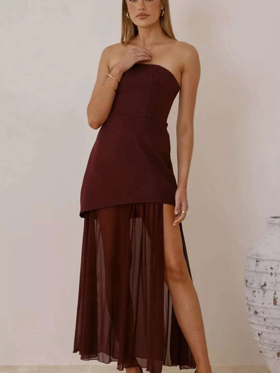 High Slit Mesh Tube Maxi Dress - 
