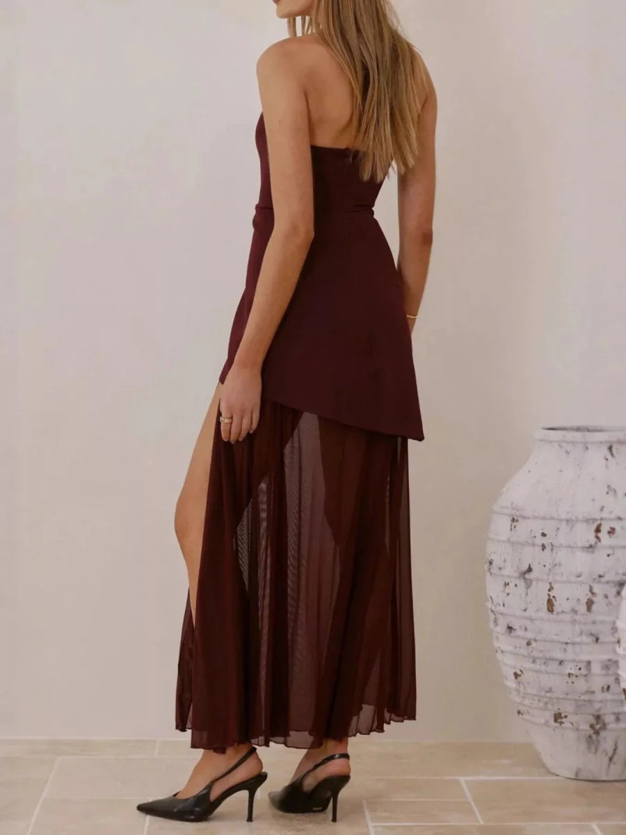High Slit Mesh Tube Maxi Dress - 