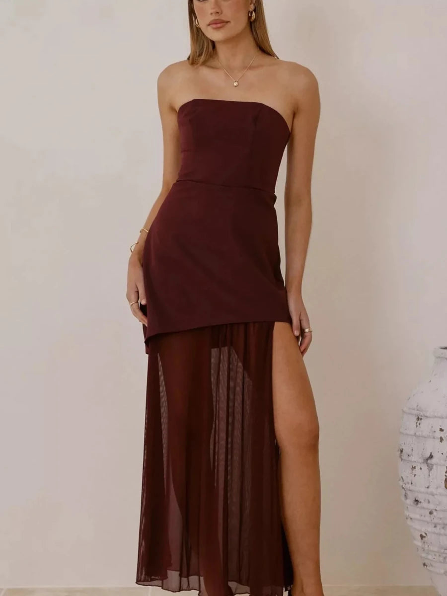 High Slit Mesh Tube Maxi Dress - 