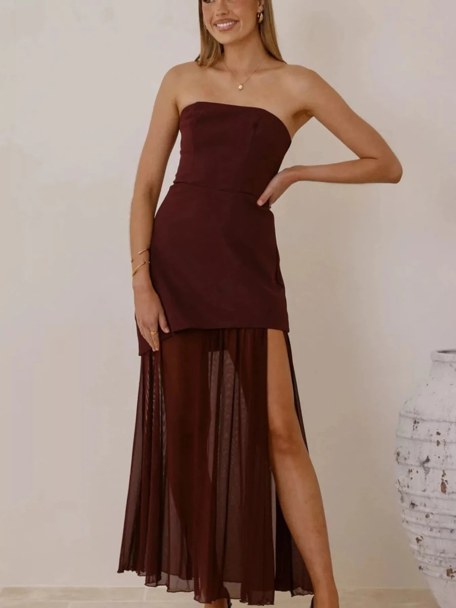 High Slit Mesh Tube Maxi Dress - 