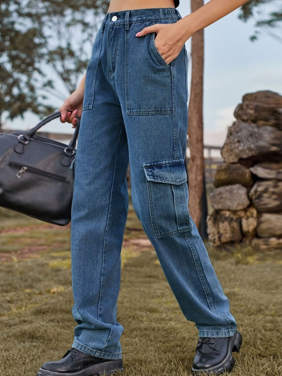 High Waist Cargo Jeans - Bottoms Sale